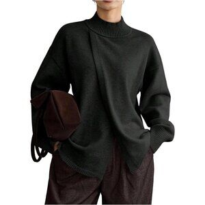 Women's Black Wrap Oversized Pullover Mock Neck Long Sleeve Sweater